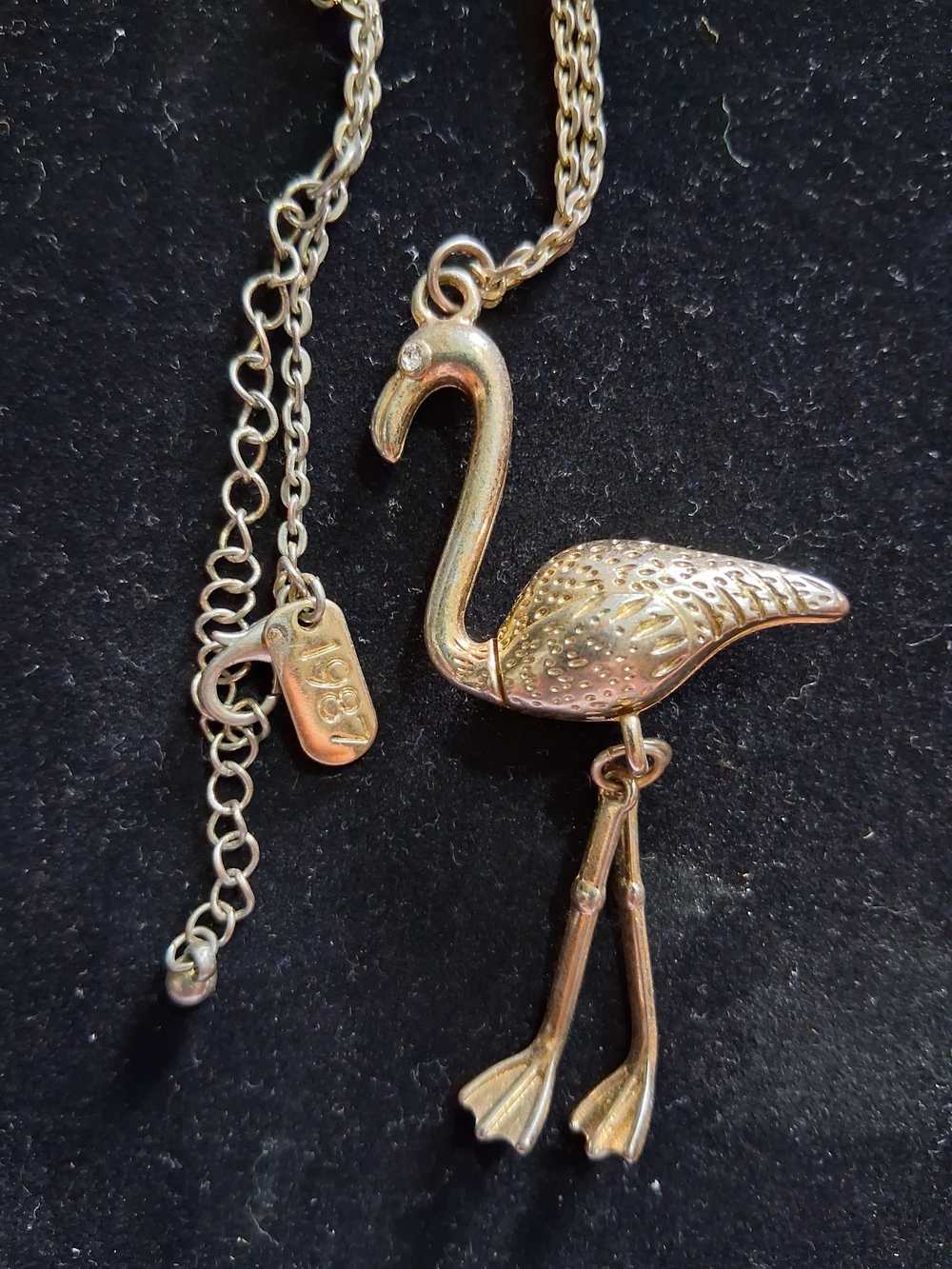 Vintage Aero 1987 Silver Flamingo Necklace Moveable Legs Bird Costume Jewelry